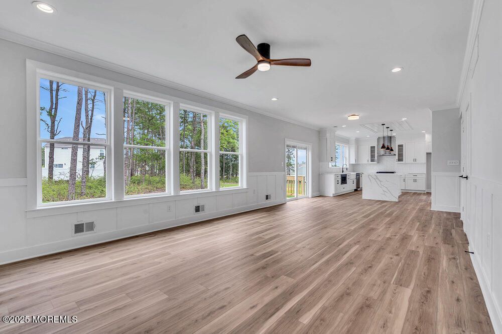 Empty room, Interior, Kitchen, Marble Walls, Recessed Lighting, Wood Texture Flooring