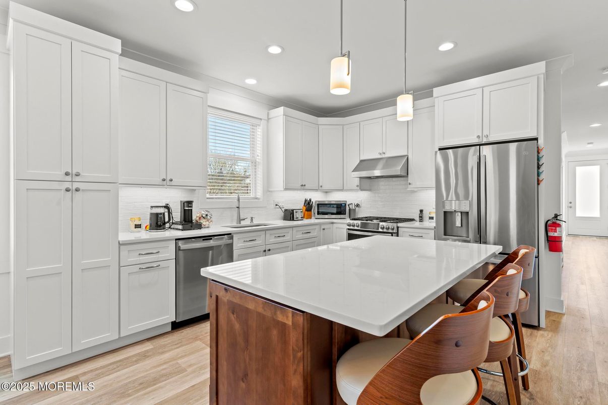 Interior, Kitchen, Pendant Lights, Recessed Lighting, Stainless Steel Appliances, Wood Texture Flooring