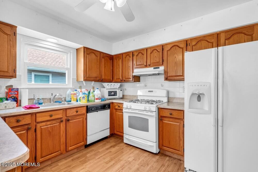 Interior, Kitchen, Tile Countertops, Wood Texture Flooring