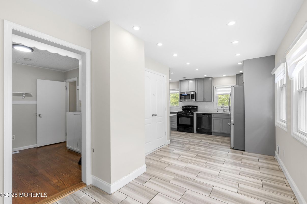 Interior, Kitchen, Recessed Lighting, Stainless Steel Appliances, Wood Texture Flooring