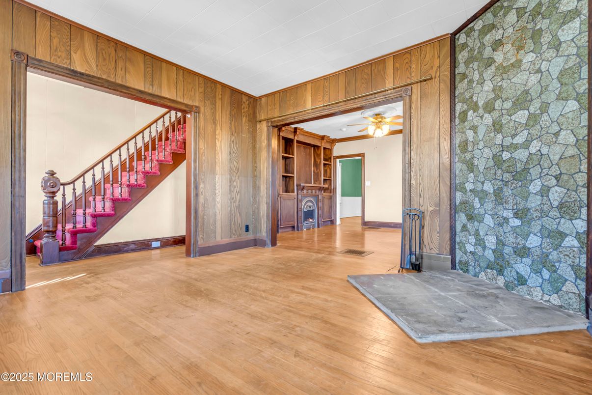 Empty room, Fireplace, Interior, Stone Walls, Wood Texture Flooring, Wooden Walls