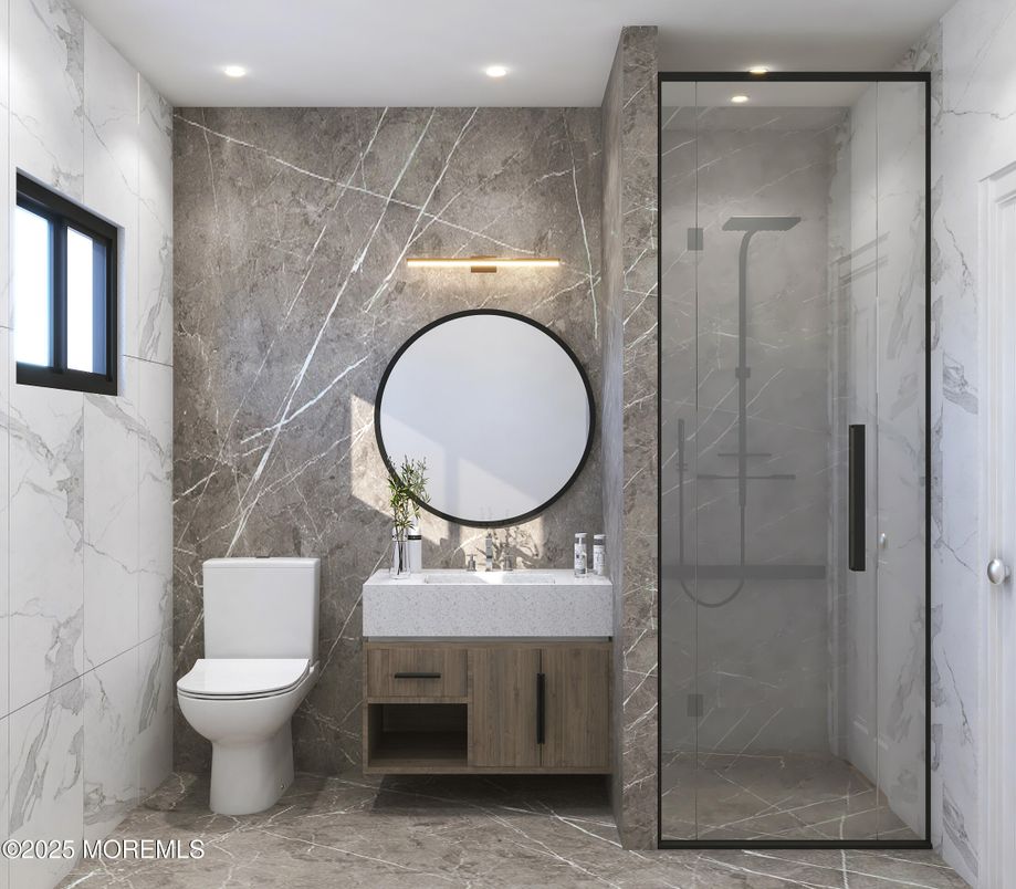 Bathroom, Glass Shower, Interior, Marble Walls, Recessed Lighting