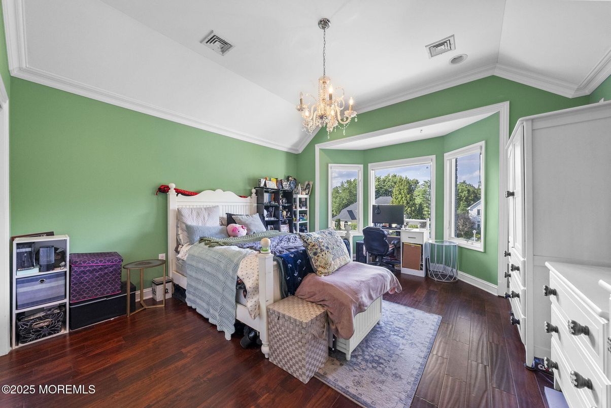 Bedroom, Chandelier, Home Office, Interior, Wood Texture Flooring