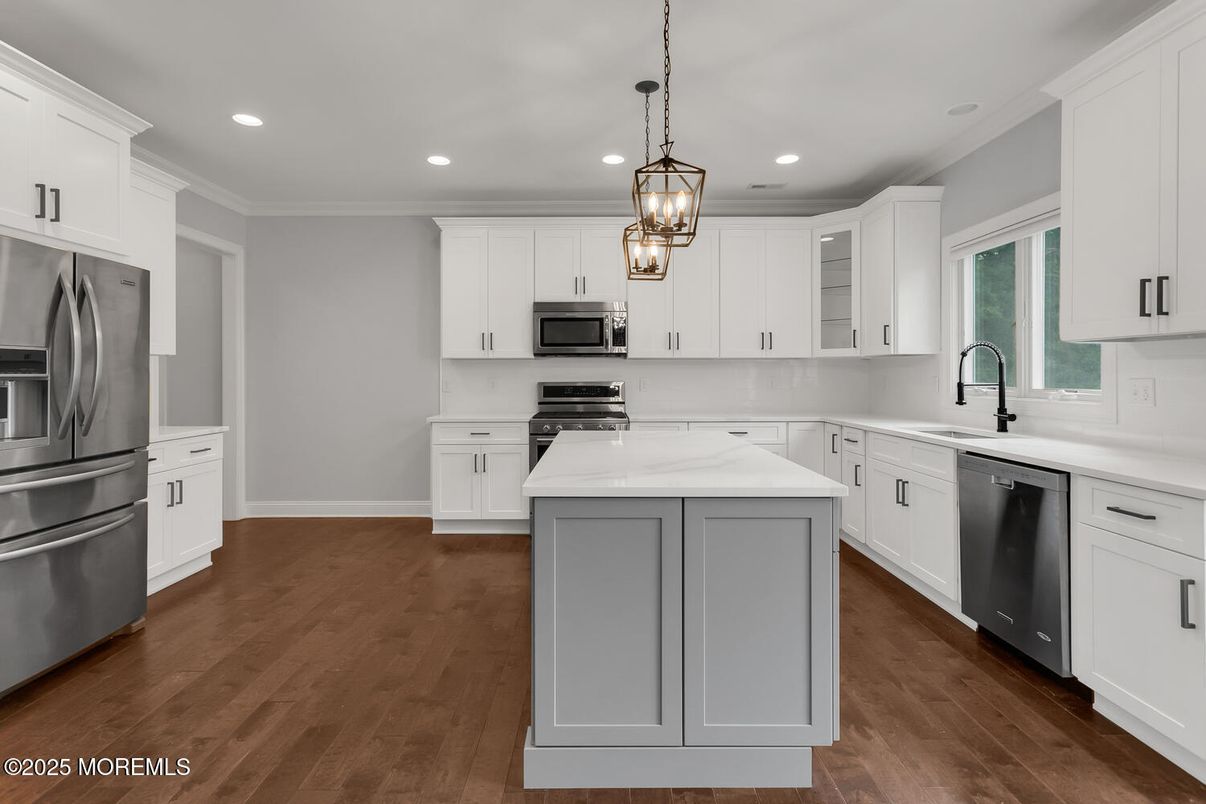 Interior, Kitchen, Pendant Lights, Recessed Lighting, Stainless Steel Appliances, Wood Texture Flooring