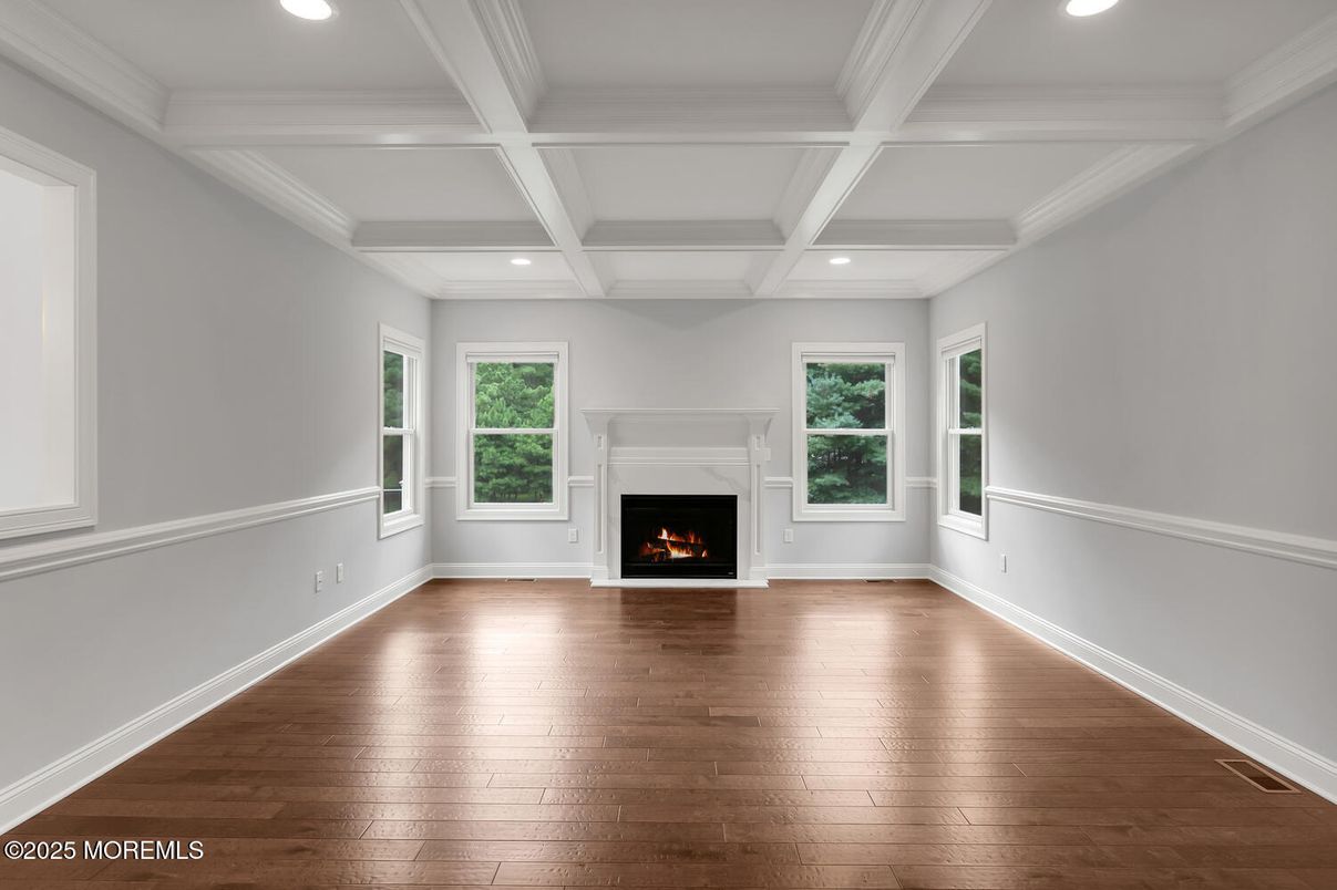 Empty room, Fireplace, Interior, Recessed Lighting, Wood Texture Flooring