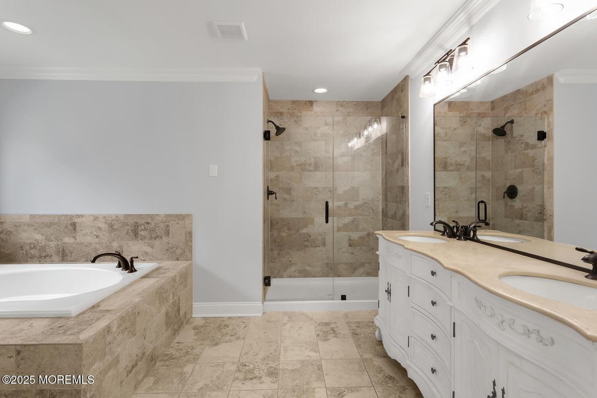 Bathroom, Dual Sink Vanities, Glass Shower, Interior, Recessed Lighting