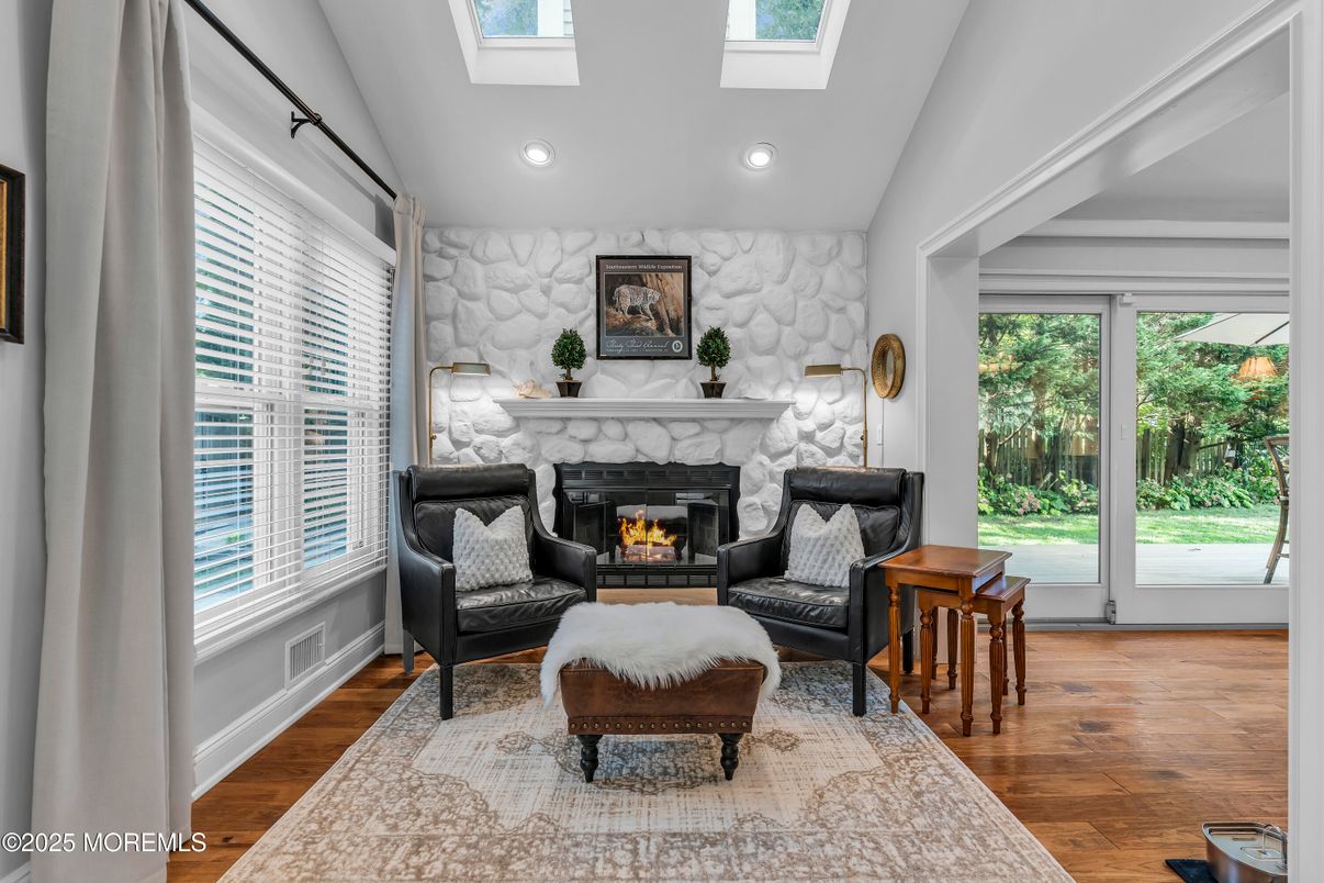 Fireplace, Interior, Recessed Lighting, Stone Walls, Wood Texture Flooring