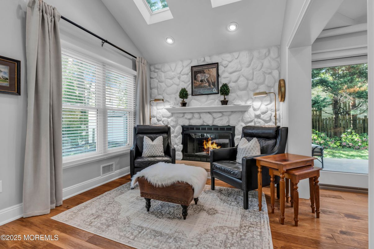 Fireplace, Interior, Recessed Lighting, Stone Walls, Wood Texture Flooring