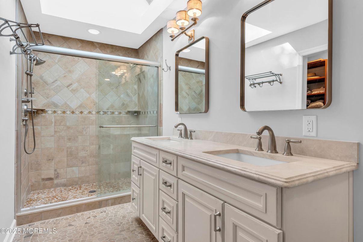Bathroom, Dual Sink Vanities, Glass Shower, Interior, Recessed Lighting