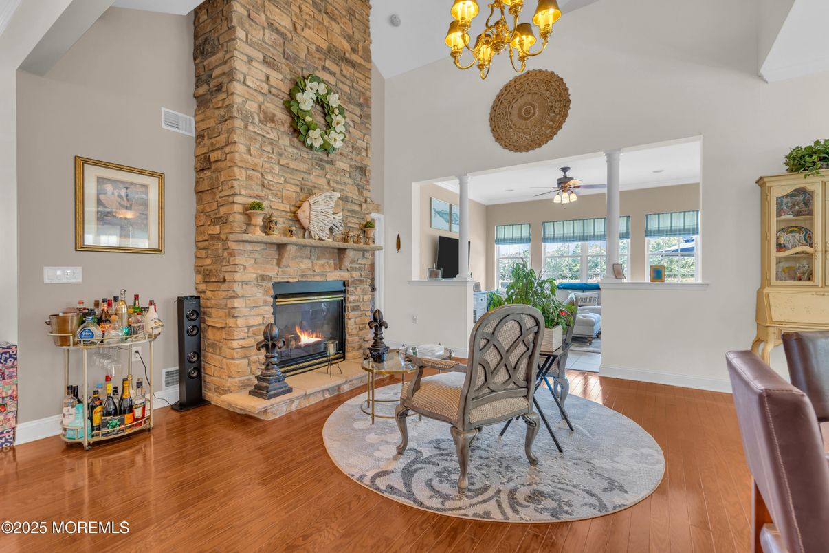 Chandelier, Fireplace, Interior, Stone Walls, Wood Texture Flooring