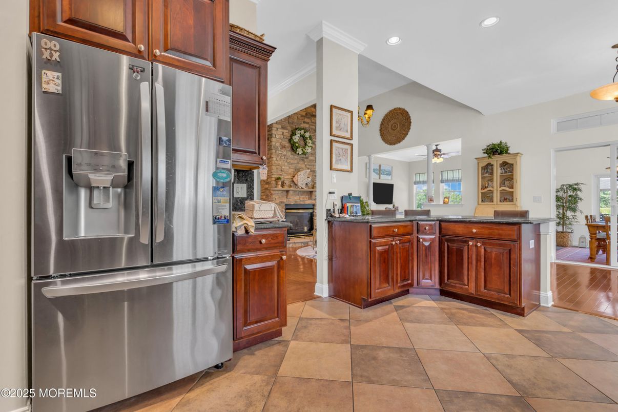 Fireplace, Interior, Kitchen, Pendant Lights, Recessed Lighting, Stainless Steel Appliances