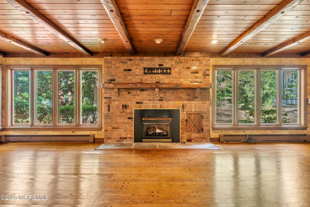 Empty room, Fireplace, Interior, Recessed Lighting, Stone Walls, Wooden Beams, Wooden Ceilings, Wood Texture Flooring, Wooden Walls