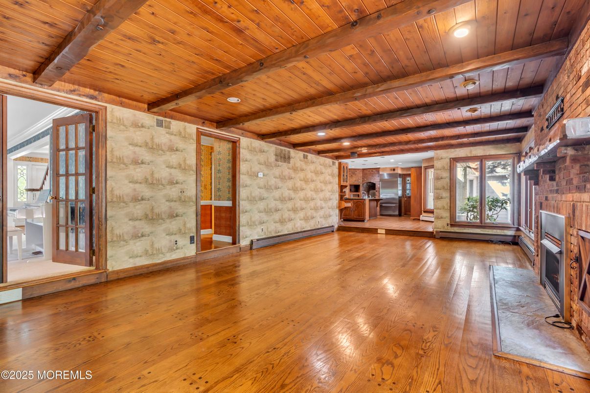 Empty room, Interior, Recessed Lighting, Stone Walls, Wooden Beams, Wooden Ceilings, Wood Texture Flooring