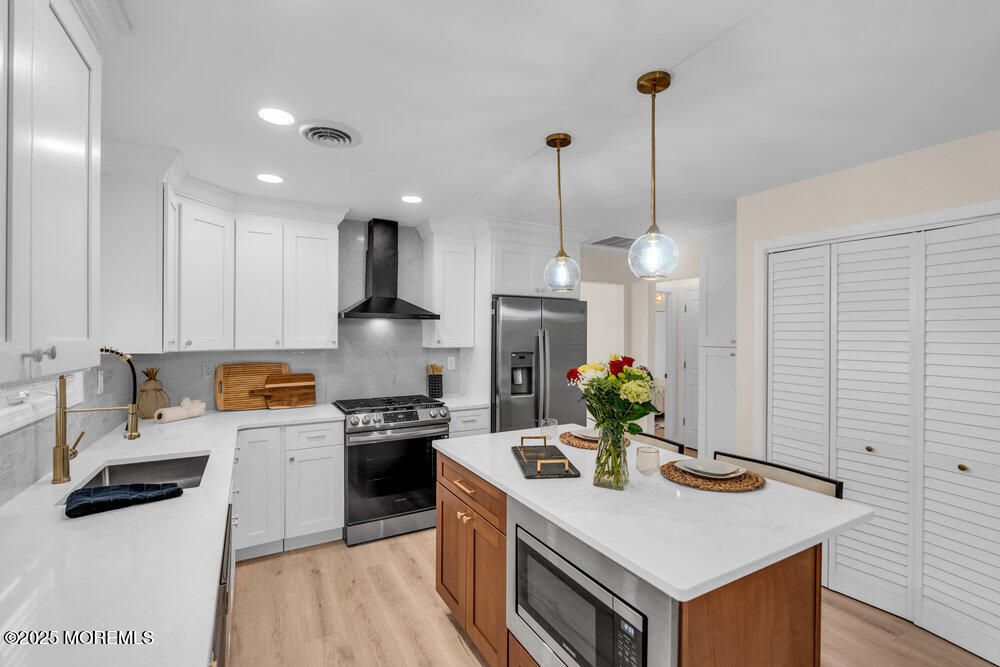 Interior, Kitchen, Pendant Lights, Recessed Lighting, Stainless Steel Appliances, Wood Texture Flooring