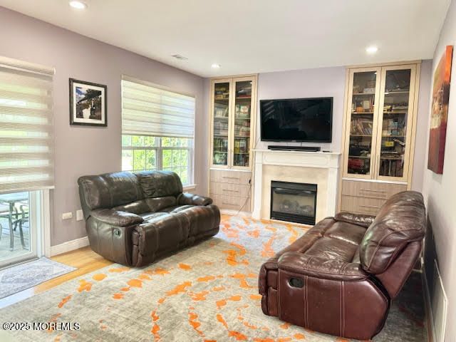 Fireplace, Interior, Living room, Recessed Lighting, Wood Texture Flooring