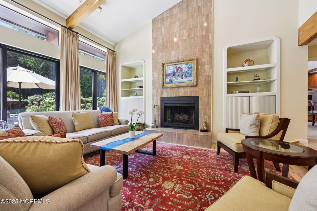 Fireplace, Interior, Living room, Recessed Lighting, Wooden Beams