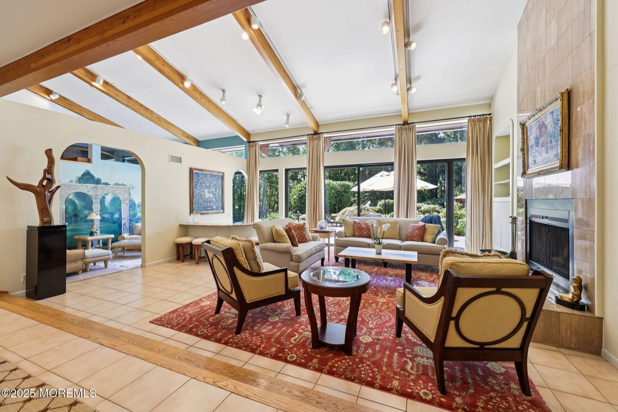 Fireplace, Interior, Living room, Recessed Lighting, Wooden Beams