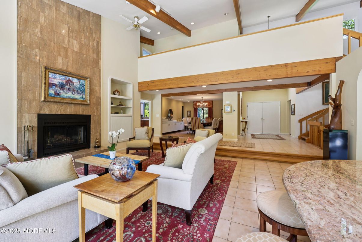Fireplace, Interior, Living room, Recessed Lighting, Wooden Beams