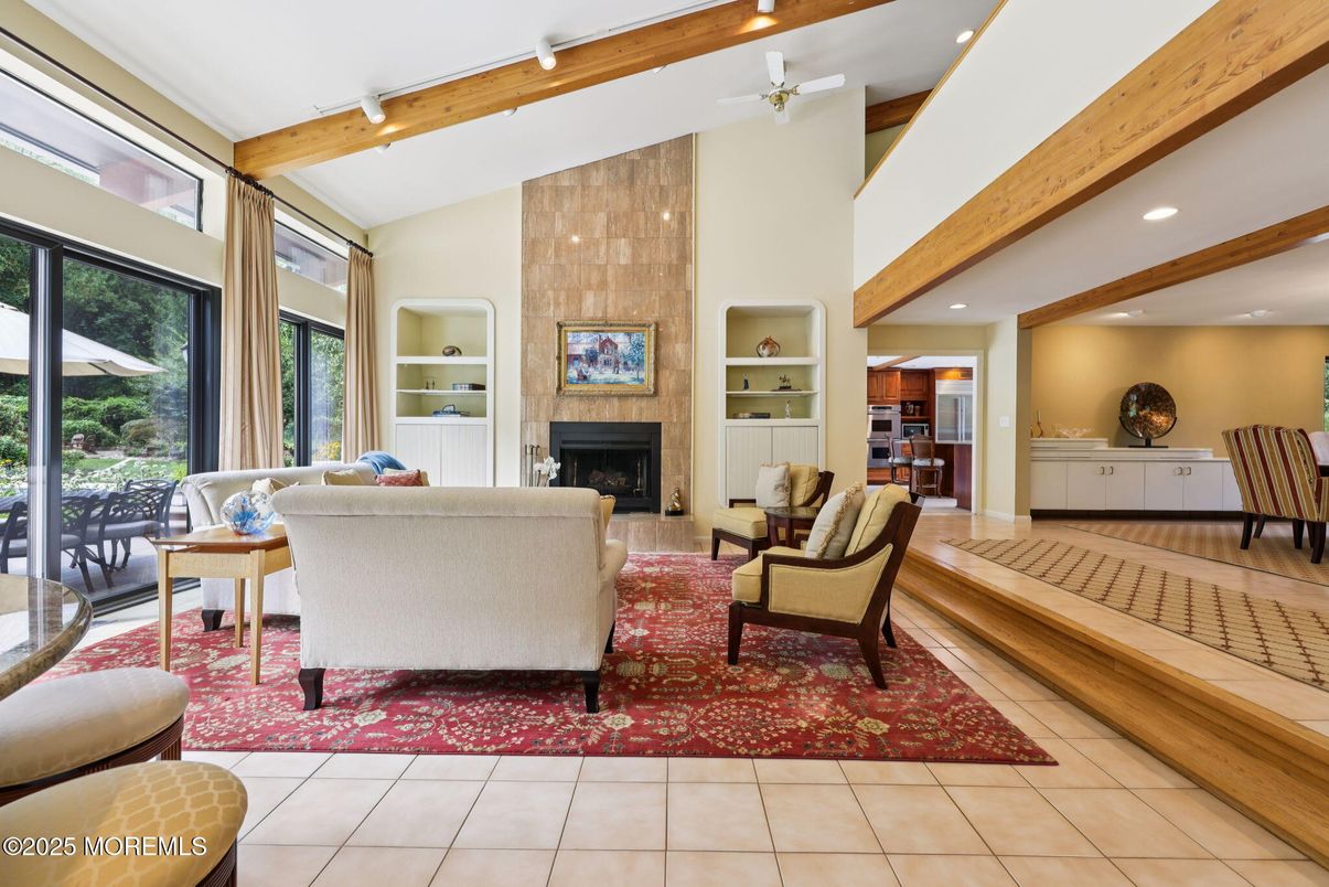 Dining room, Fireplace, Interior, Living room, Recessed Lighting, Wooden Beams