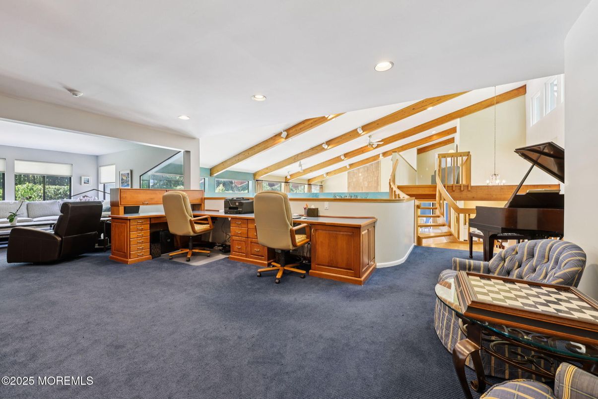 Home Office, Interior, Piano, Recessed Lighting, Wooden Beams
