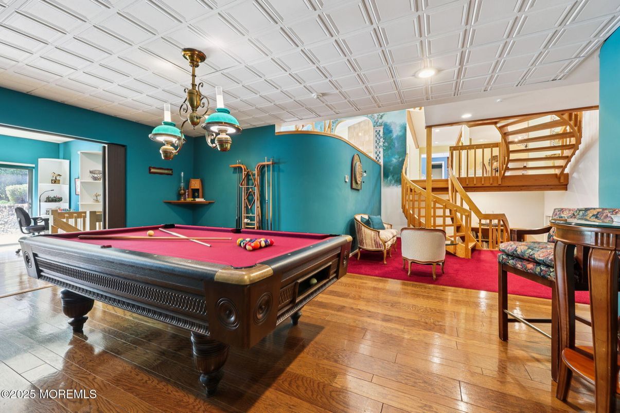 Billiard Table, Game Room, Interior, Pendant Lights, Recessed Lighting, Wood Texture Flooring
