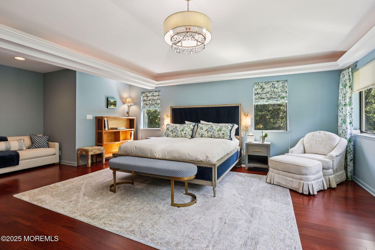 Bedroom, Chandelier, Interior, Recessed Lighting, Wood Texture Flooring