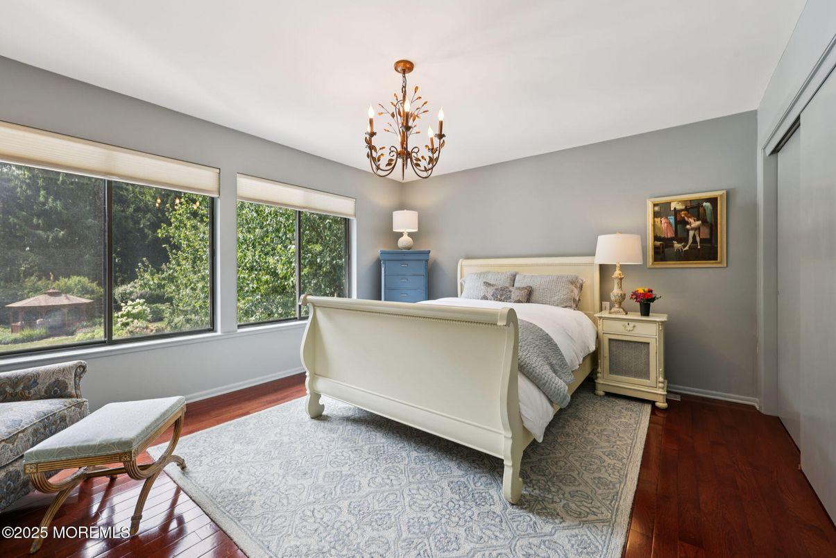Bedroom, Chandelier, Interior, Wood Texture Flooring