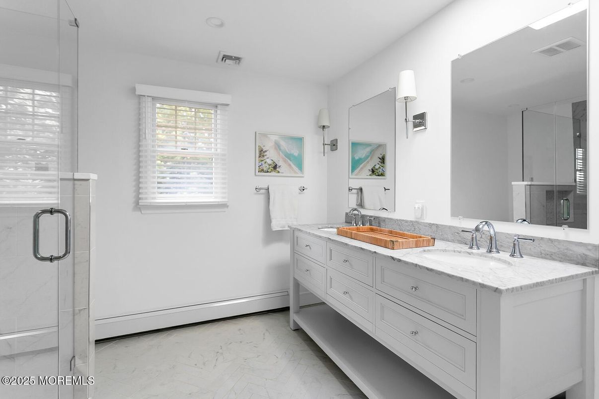 Bathroom, Dual Sink Vanities, Glass Shower, Interior, Marble
