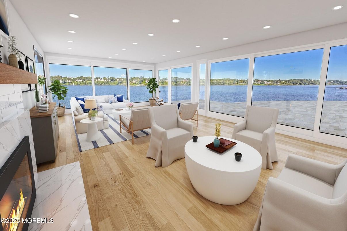Fireplace, Interior, Living room, Recessed Lighting, Water, Wood Texture Flooring
