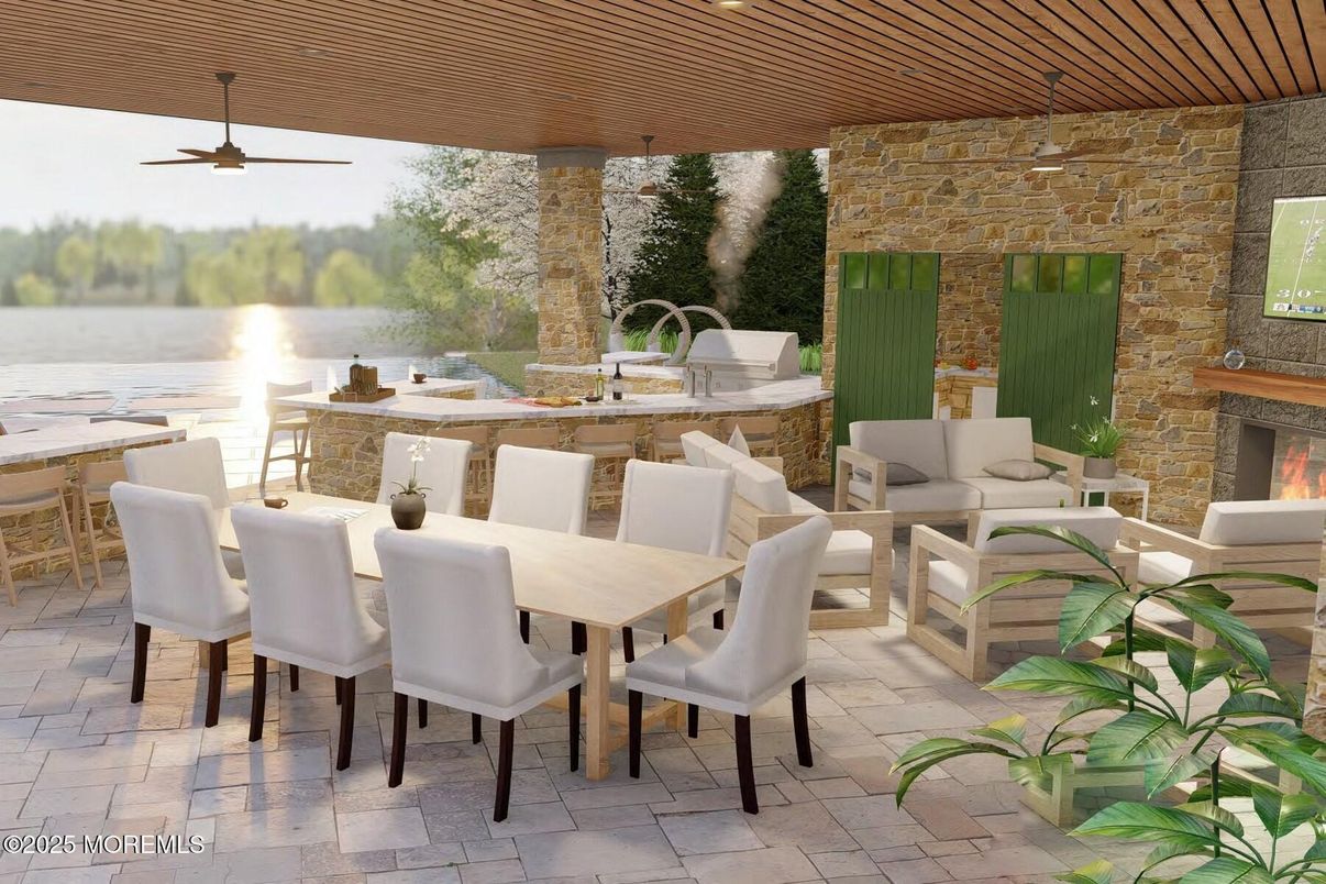 Exterior, Fireplace, Outdoor Kitchen, Water