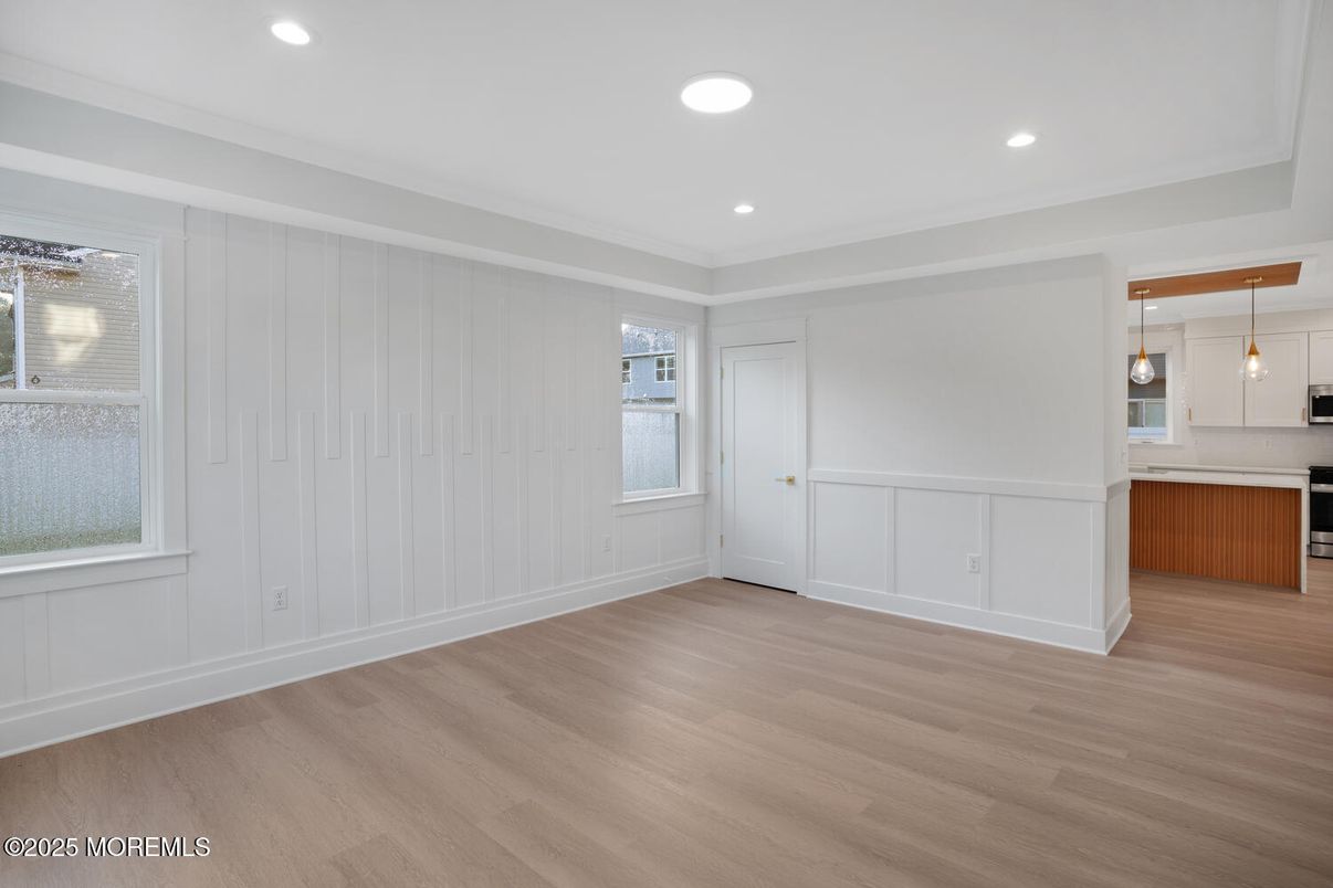 Empty room, Interior, Kitchen, Pendant Lights, Recessed Lighting, Wood Texture Flooring