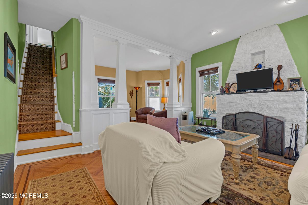 Fireplace, Interior, Living room, Recessed Lighting, Wood Texture Flooring