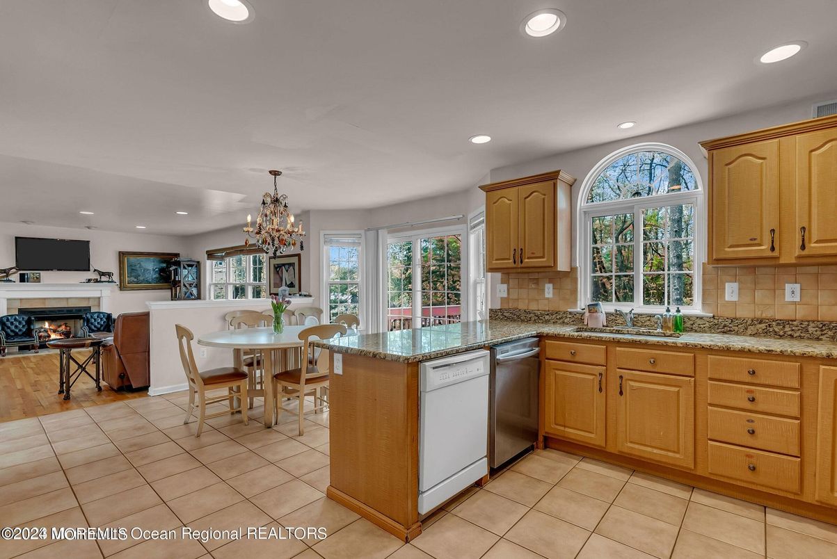 Chandelier, Dining room, Fireplace, Interior, Kitchen, Recessed Lighting