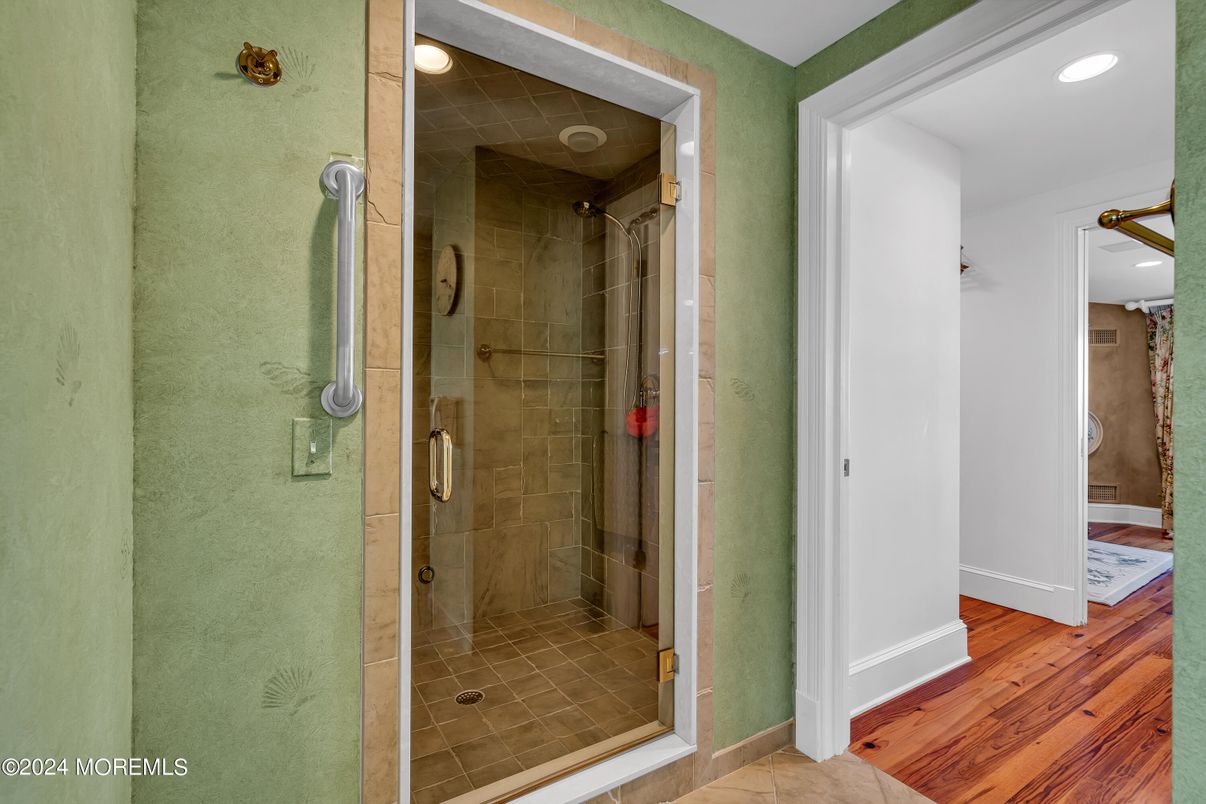 Bathroom, Glass Shower, Interior, Recessed Lighting, Wood Texture Flooring