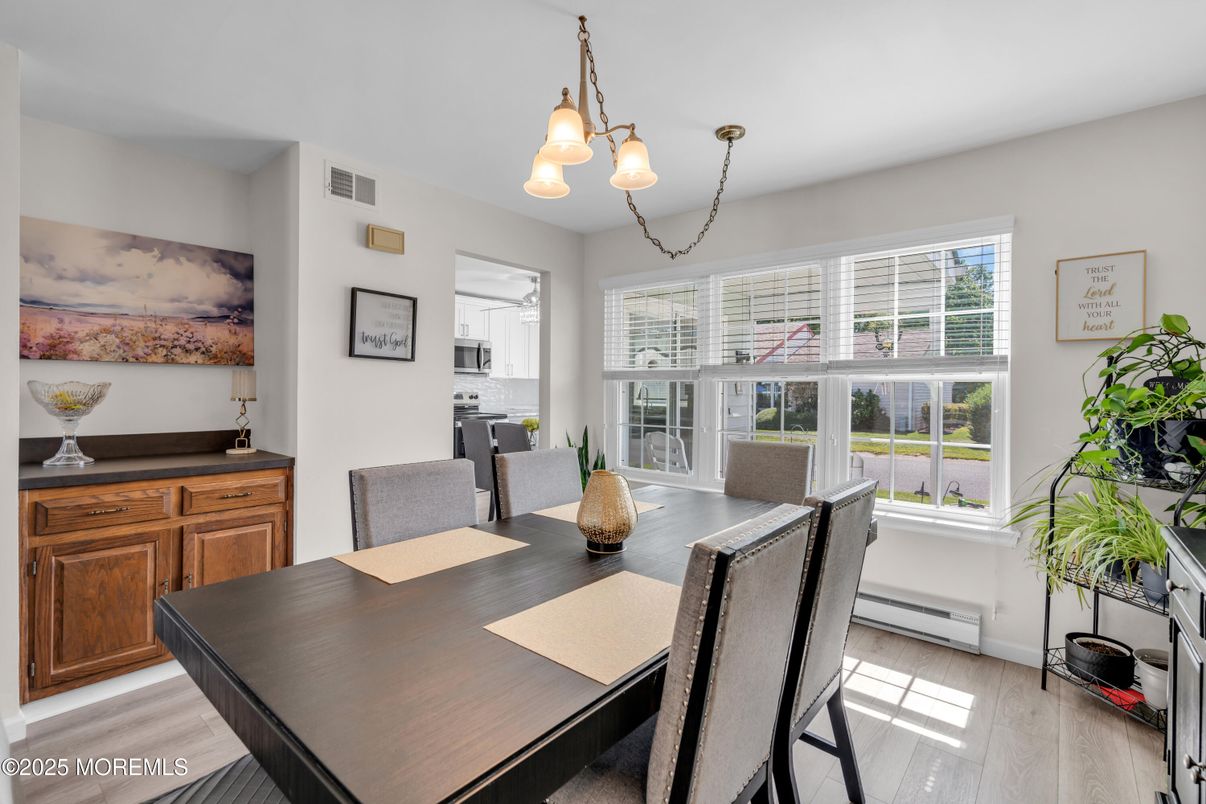 Dining room, Interior, Pendant Lights, Wood Texture Flooring