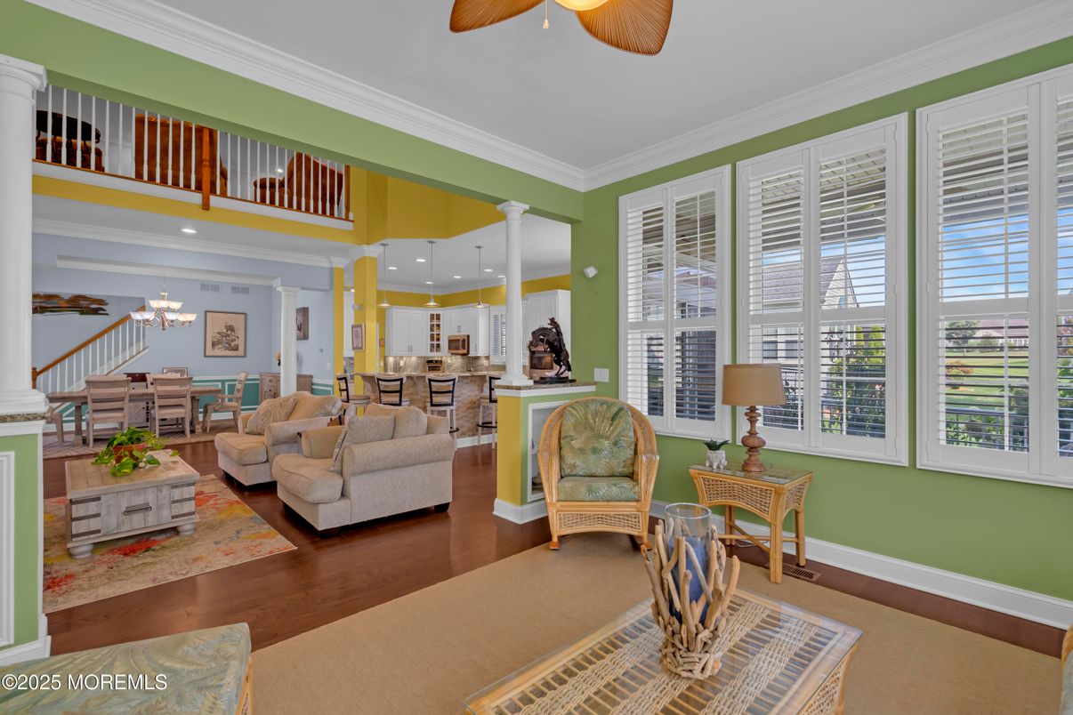 Chandelier, Dining room, Interior, Kitchen, Living room, Recessed Lighting, Wood Texture Flooring