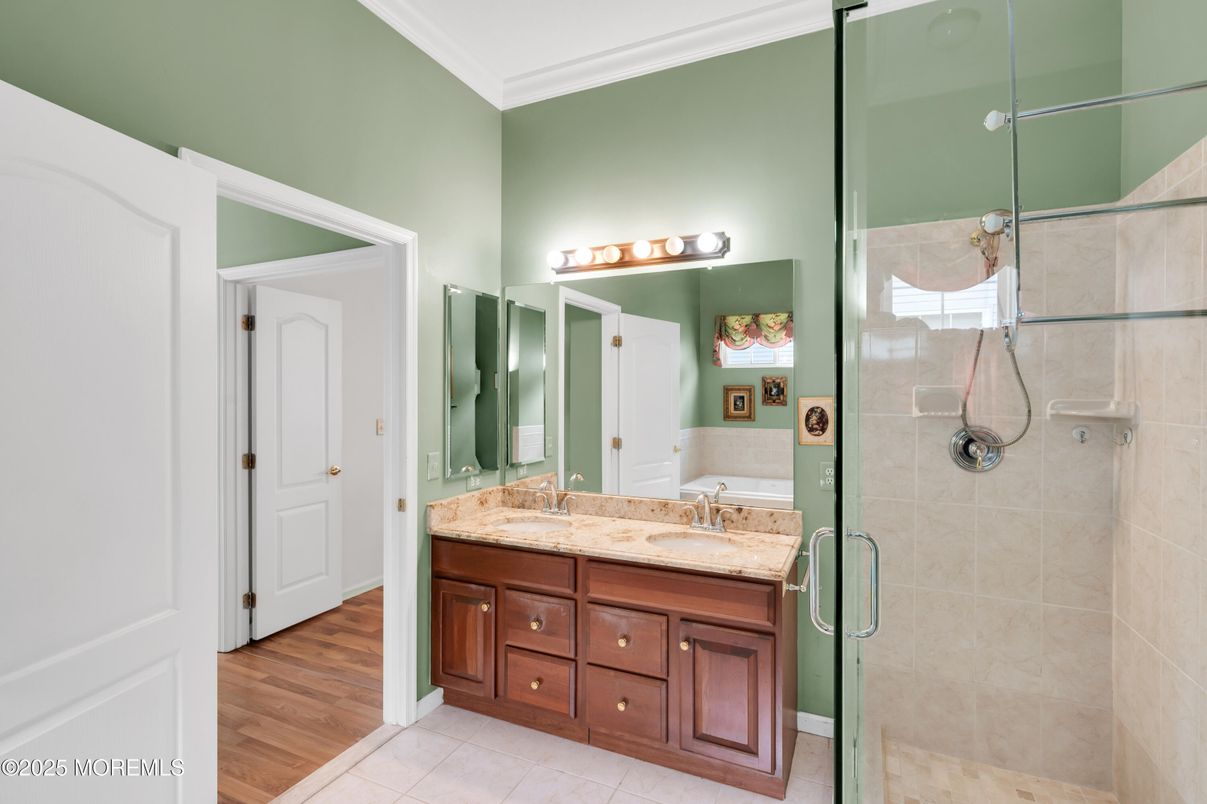 Bathroom, Glass Shower, Interior, Wood Texture Flooring