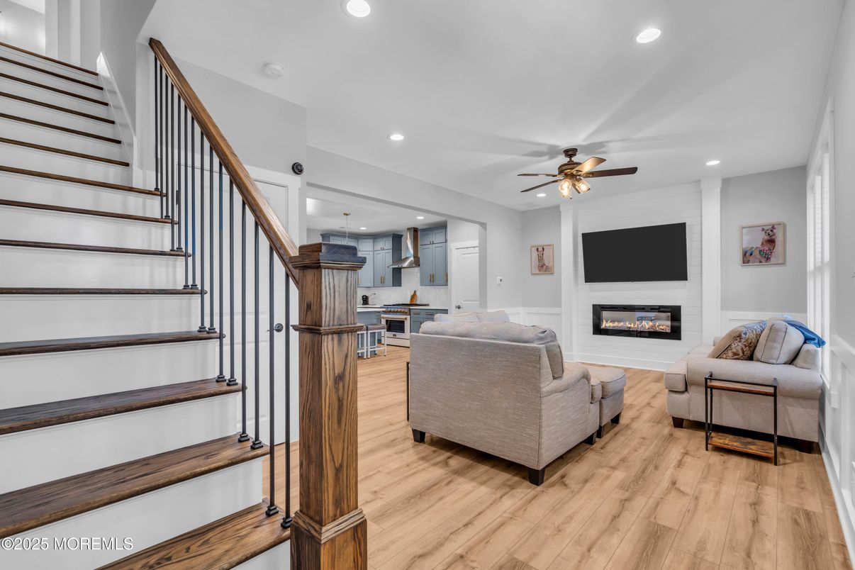 Fireplace, Interior, Kitchen, Living room, Recessed Lighting, Wood Texture Flooring