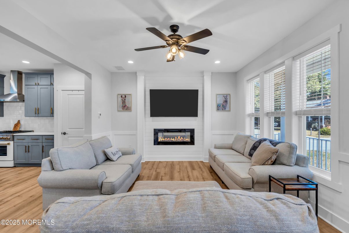 Fireplace, Interior, Living room, Recessed Lighting, Wood Texture Flooring