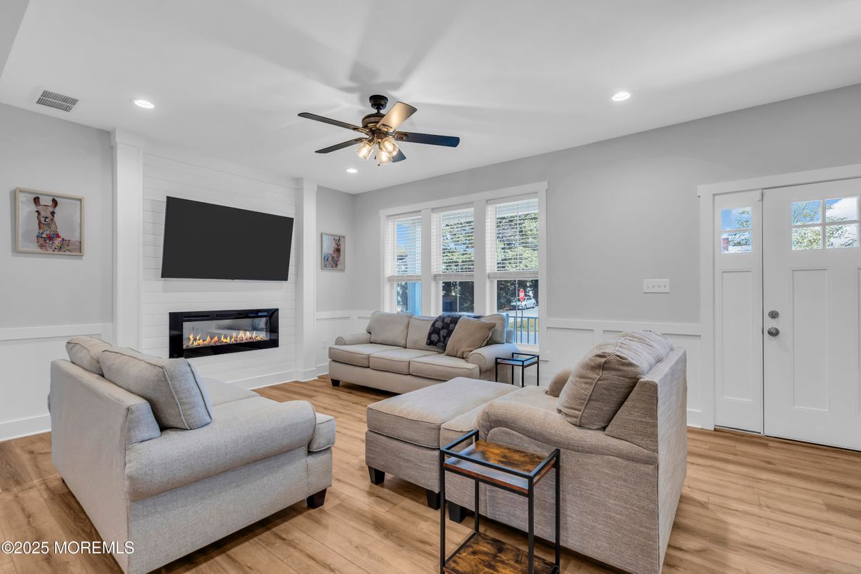 Fireplace, Interior, Living room, Recessed Lighting, Wood Texture Flooring