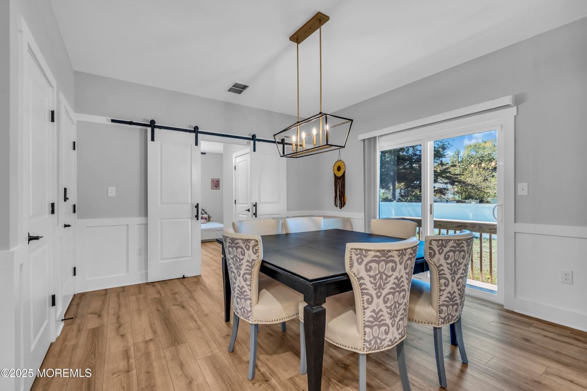 Dining room, Interior, Pendant Lights, Wood Texture Flooring