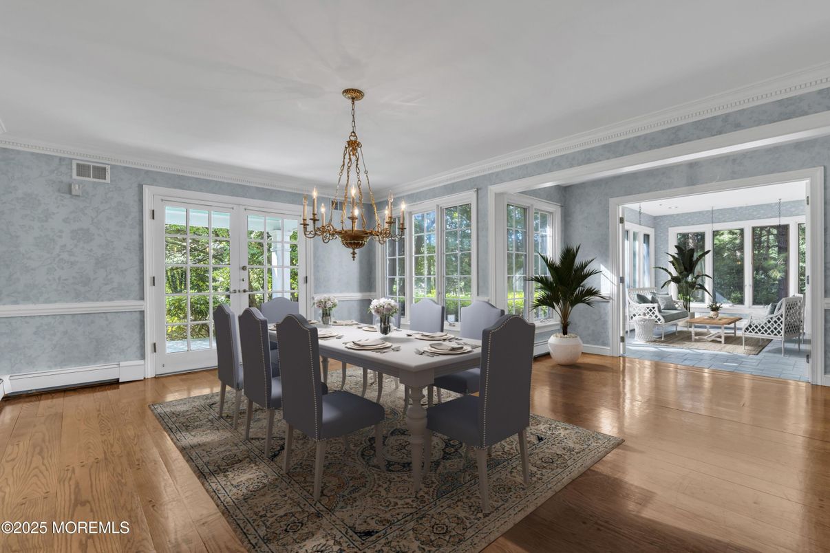 Chandelier, Dining room, Interior, Pendant Lights, Wood Texture Flooring