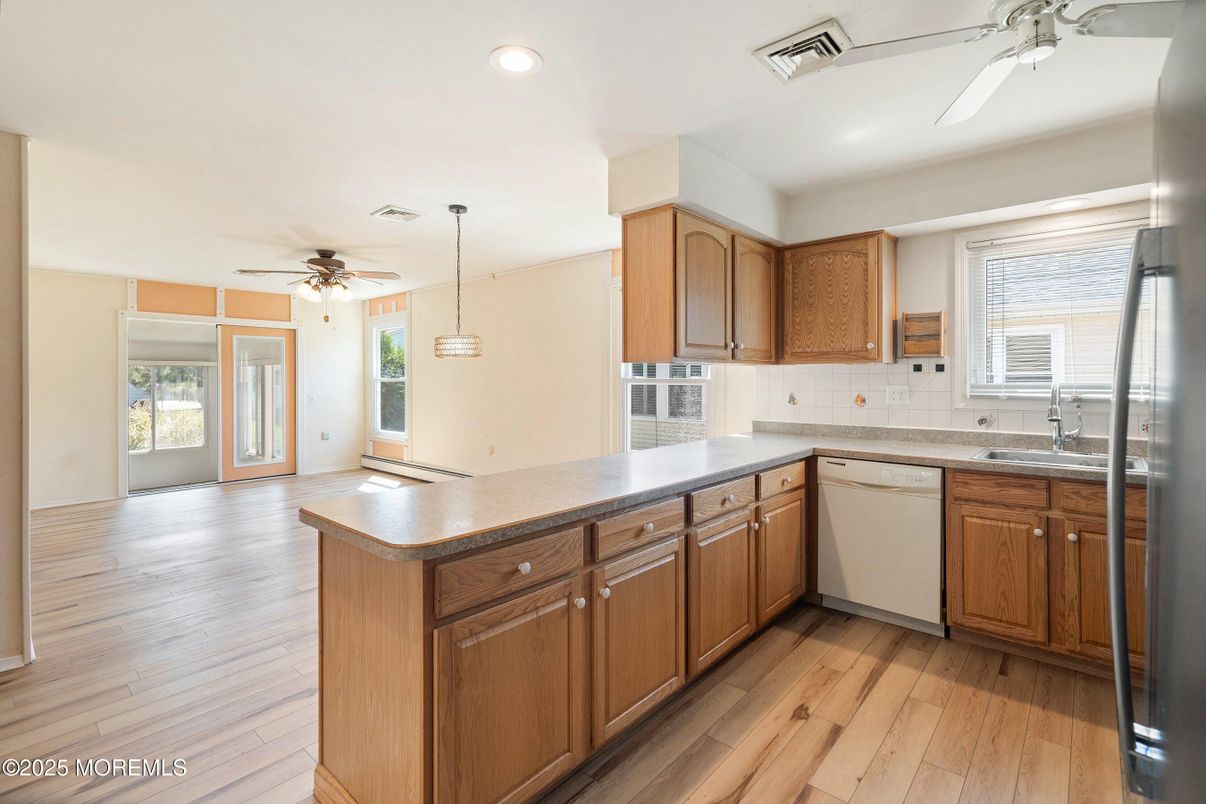 Interior, Kitchen, Pendant Lights, Recessed Lighting, Wood Texture Flooring