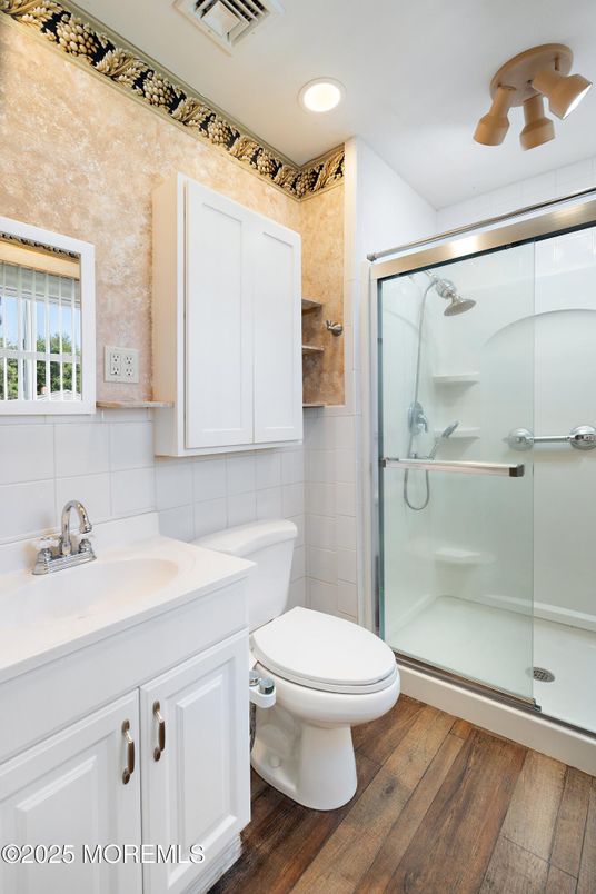 Bathroom, Glass Shower, Interior, Recessed Lighting, Wood Texture Flooring