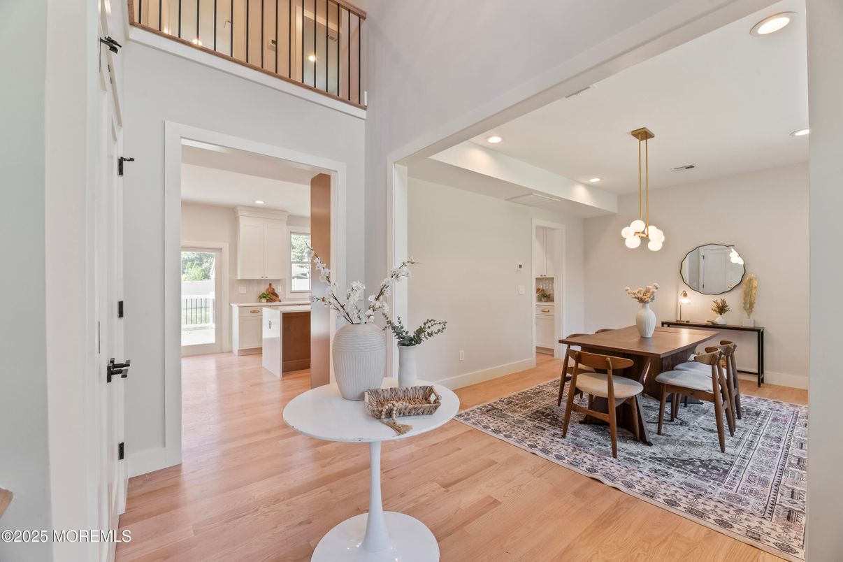 Dining room, Interior, Pendant Lights, Recessed Lighting, Wood Texture Flooring