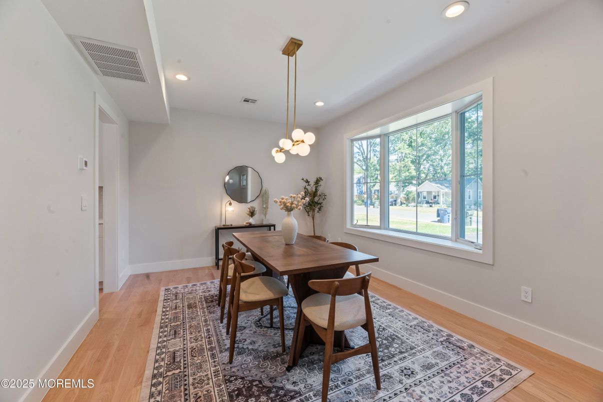 Dining room, Interior, Pendant Lights, Recessed Lighting, Wood Texture Flooring