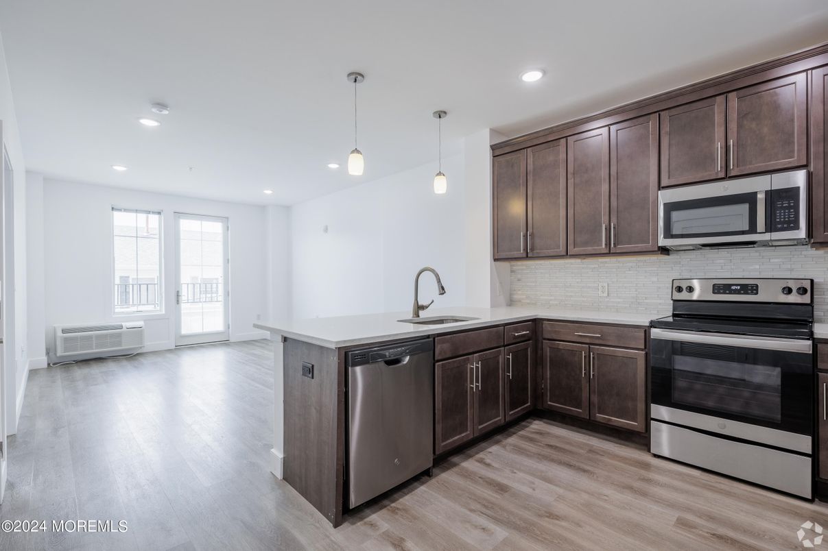 Interior, Kitchen, Pendant Lights, Recessed Lighting, Stainless Steel Appliances, Wood Texture Flooring
