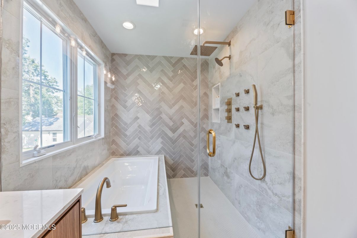 Bathroom, Glass Shower, Interior, Marble Walls, Recessed Lighting