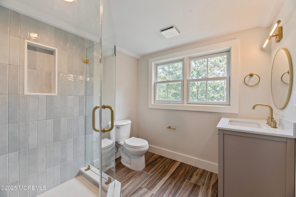 Bathroom, Glass Shower, Interior, Wood Texture Flooring