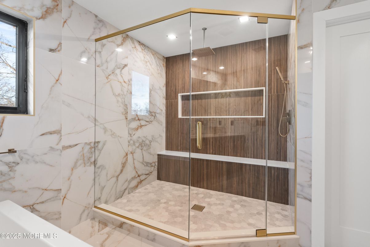 Bathroom, Glass Shower, Interior, Marble Walls, Recessed Lighting